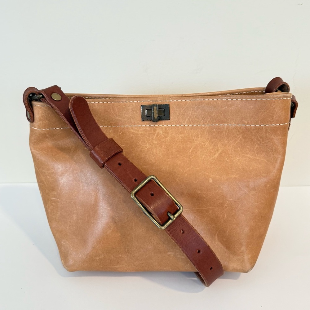 Three Sons Leather Handmade Crossbody Purse Light Brown Tan Bag Adjustable Strap